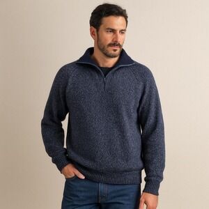 Peruvian Soul Baby Alpaca Sweater Mens L 1/4 Zip Mock Heather Navy Handcrafted